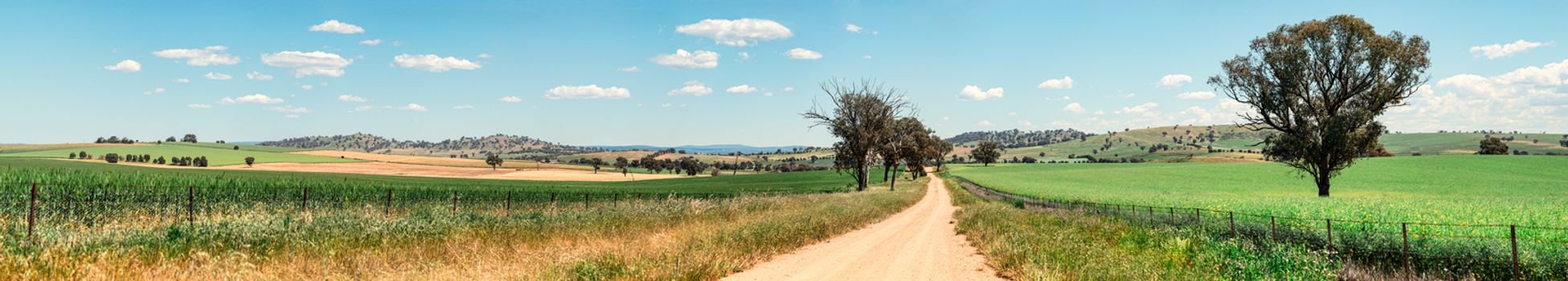 Dusty dirt road through rural countryside landscape panorama