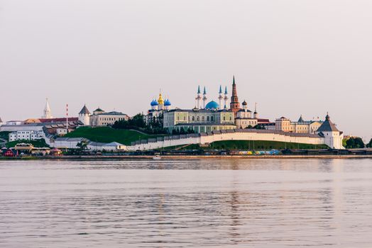 View of the Kazan Kremlin with Presidential Palace, Annunciation Cathedral, Soyembika Tower and Qolsharif Mosque from Kazanka River.