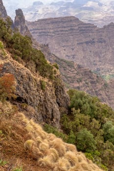 Landscape of beautiful Semien or Simien Mountains National Park landscape in Northern Ethiopia. Africa wilderness. Mountain hiking concept.