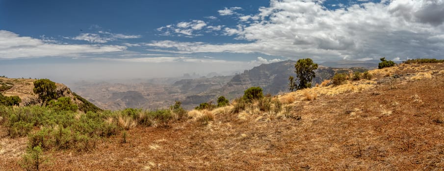 Landscape of beautiful Semien or Simien Mountains National Park landscape in Northern Ethiopia. Africa wilderness. Mountain hiking concept.