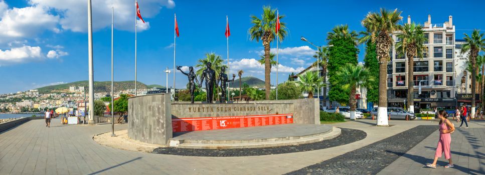 Kusadasi, Turkey – 07.18.2019.   Mustafa Kemal Ataturk Monument on the Embankment of the resort town of Kusadasi in Turkey on a sunny summer day
