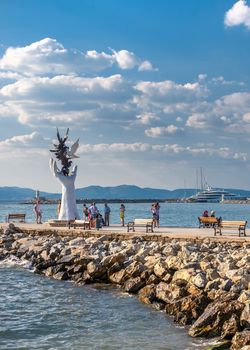 Kusadasi, Turkey – 07.18.2019.  Hand of Peace sculpture on the Kusadasi promenade in Turkey