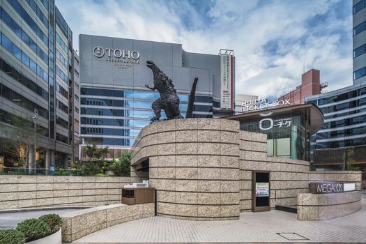 Statue of the Godzilla radioactive monster in the middle of the Hibiya Godzilla Square opens on March 22, 2018 to celebrate the 30th anniversary of the Hibiya Chanter shopping center which has been renovated for the occasion.