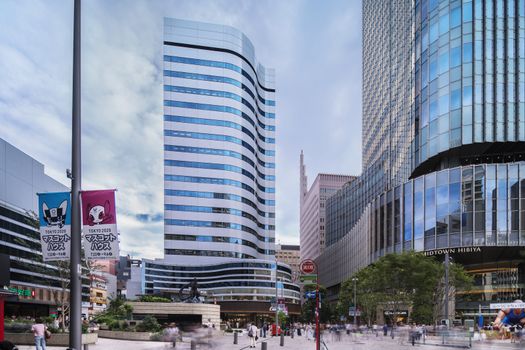 Statue of the Godzilla radioactive monster in the middle of the Hibiya Godzilla Square opens on March 22, 2018 to celebrate the 30th anniversary of the Hibiya Chanter shopping center which has been renovated for the occasion. We can see on the banners on the left the mascots of the olympics of tokyo 2020.