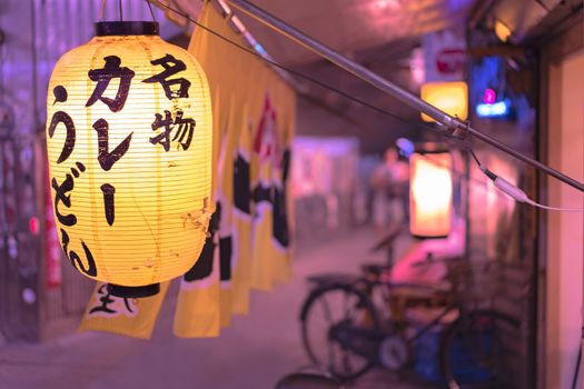 Night view of a traditional retro yellow rice paper lantern where it is written "Meibutsu Kare Udon" which means "Curry noddles Specialty" on underpass Yurakucho Concourse under the railway line of the station Yurakucho. Japanese noodle stalls and sake bars revive the nostalgic years of Showa air with old posters and placards glued to the walls of the tunnel.