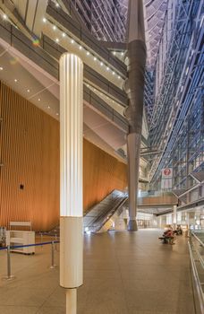 Inside view of Tokyo International Forum built in 1996 by Uruguayan architect Rafael Viñoly near Yurakucho station. It consists of 14 floors including 3 in the basement and consists of four buildings and a glass atrium. Its boat-like structure reveals its steel beams that contrast with its glass walls. Every year there are organized different events of classical music like "La folle Journée au Japon".