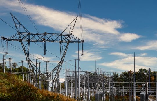 A high power electricity complex under blue skies