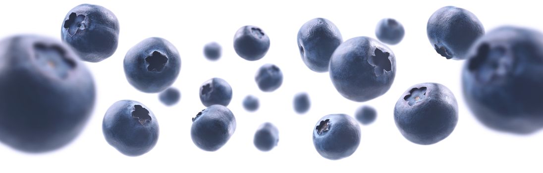 Ripe blueberries levitate on a white background.