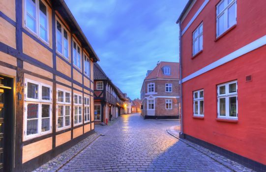 Street in famous medieval city of Ribe, Denmark - HDR