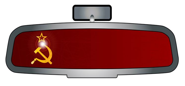 A vehicle rear view mirror with the flag of Russia