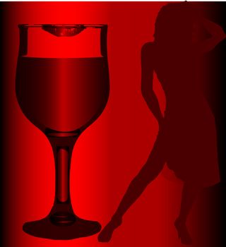 A wine glas with lipstick and a dancing girl in the shadows