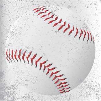 A new white baseball with red stitching on a faded white beneath a grunge foreground