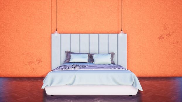 interior of modern orange bedroom with double bed, 3d rendering background