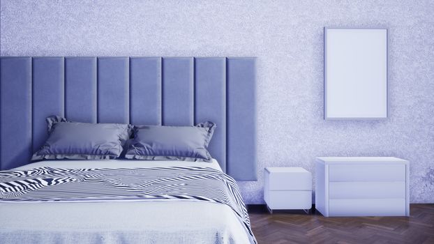 interior of modern bedroom with double bed and furniture, 3d render background