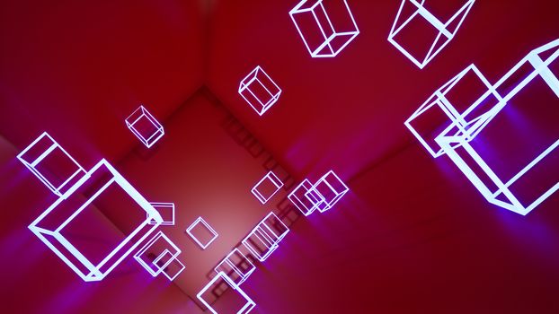 3d render, abstract red background with pink neon cubes