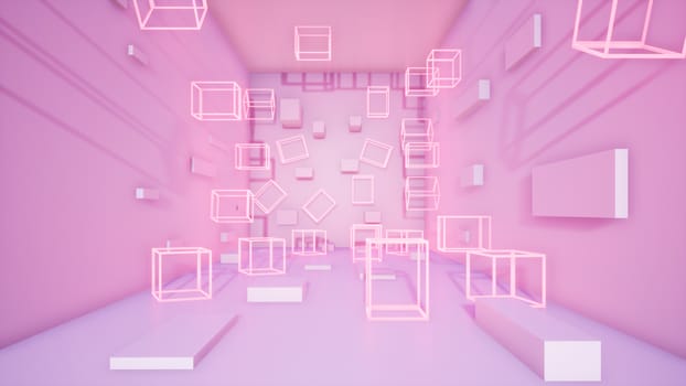 abstract sweet pink background with neon squares, 3d rendering