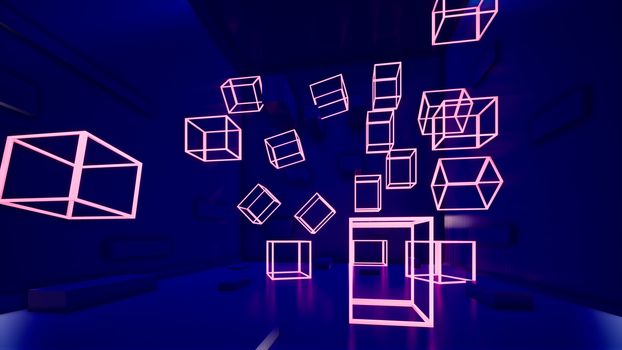 abstract background blue and purple with neon cubes, 3d rendering