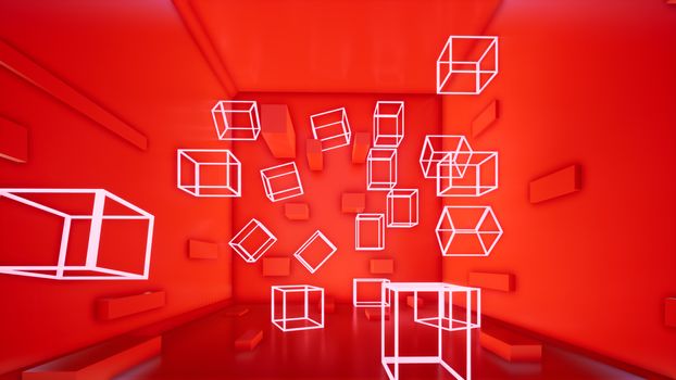 abstract red background with neon cubes, 3d render