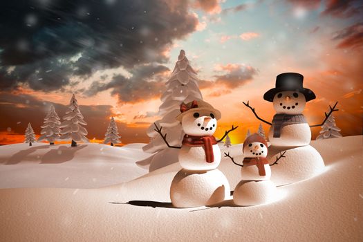 Composite image of snow family against orange and blue sky with clouds