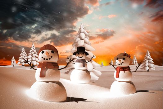 Composite image of snow family against orange and blue sky with clouds