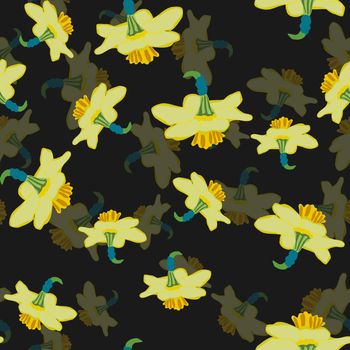 Spring floral volume effect seamless pattern on black. Daffodils endless background. Design for textile, fabric, wrapping, wallpaper. Vector illustration.