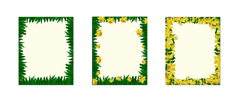 Beautiful set with yellow spring floral frames on white background. Daffodils invitation template. Vector illustration.