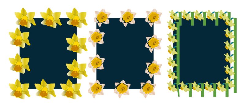 Set with spring floral frames on white background with daffodils. Vector illustration.