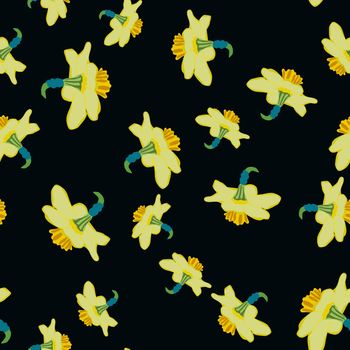 Spring floral seamless pattern on black. Daffodils endless background. Design for textile, fabric, wrapping, wallpaper. Vector illustration.