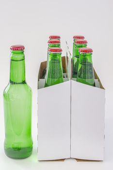 A six pack of a green beer bottles isolated on white background