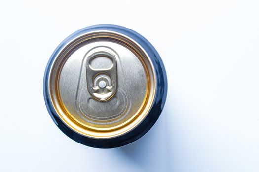 Top view of an golden isolated recyclable aluminium can of a carbonated drink with a soft shadow