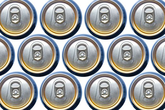 Top view of isolated recyclable gold aluminium cans carbonated drink