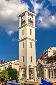 Kusadasi, Turkey – 07.18.2019.  Clock Tower in Resort town of Kusadasi on a sunny summer day