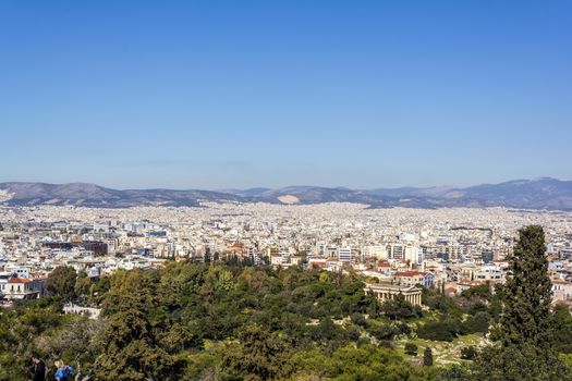 View of Athens from Areopagus hill. Ancient monuments. Greece.