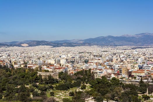 View of Athens from Areopagus hill. Ancient monuments. Greece.