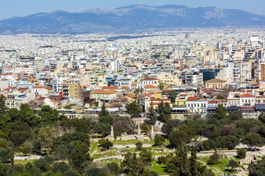 View of Athens from Areopagus hill. Ancient monuments. Greece.