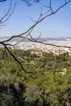 View of Athens from Areopagus hill. Ancient monuments. Greece.