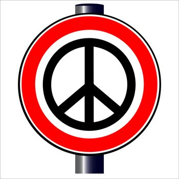 A large round red traffic displaying a Ban the Bomb style image