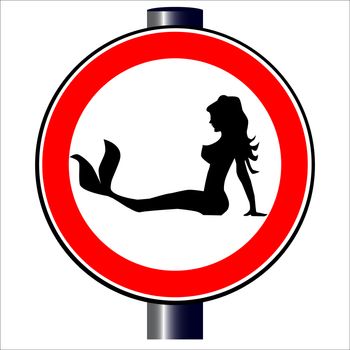 A large round red traffic displaying a trucker mermaid silhouette