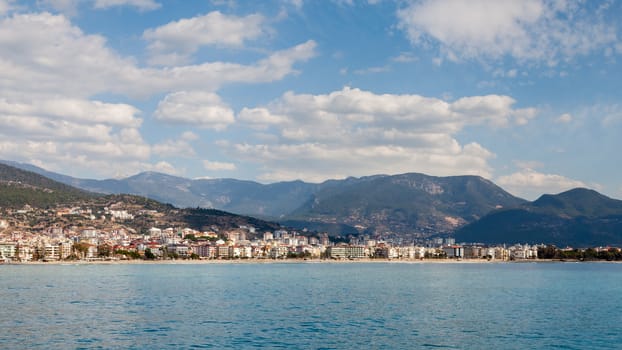 The view along East Beach on the coastline of the resort town of Alanya, Turkey.