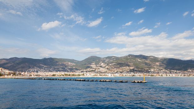 The view towards the harbour and East Beach in the resort town of Alanya, Turkey.