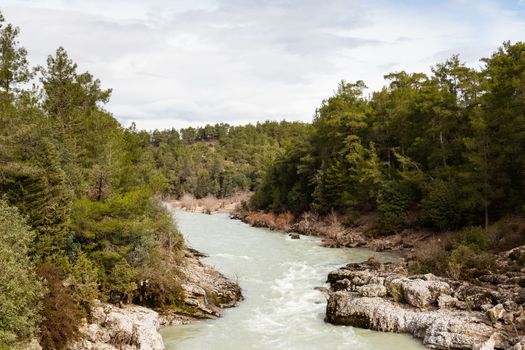 A view looking up Kopru River.  The river flows through Koprulu Canyon and is part of a National Park in the province of Antalya, south western Turkey.