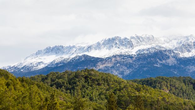 The view across Koprulu Canyon National Park, in south western Turkey, towards snow capped Taurus mountain tops.  The canyon is in the province of Antalya.