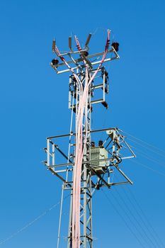 A view of electrical power lines and a pylon in the countryside of southern Turkey.