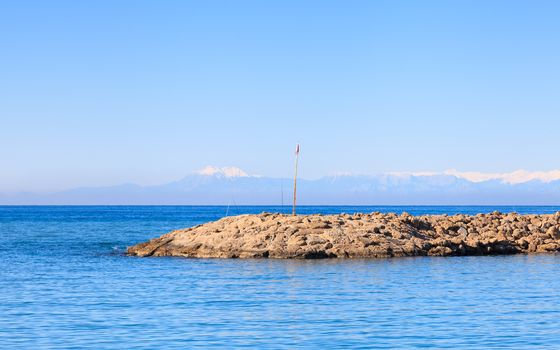 The view looking out towards the Mediterranean Sea from the harbour of the ancient Greek city of Side in southern Turkey.