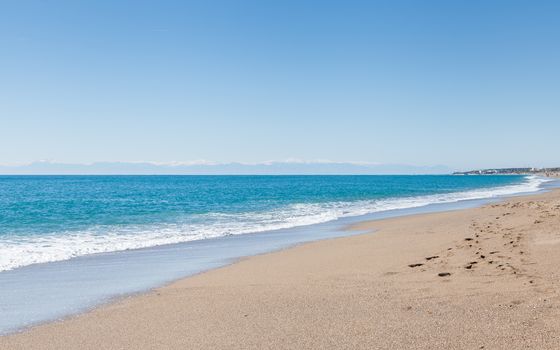 The view looking out to sea from Kleopatra Beach in southern Turkey.  The beach is close to the point where Manavgat River enters the Mediterranean Sea.