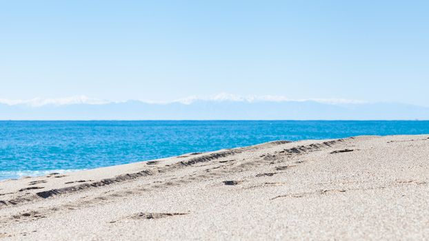 The view looking out to sea from Kleopatra Beach in southern Turkey.  The beach is close to the point where Manavgat River enters the Mediterranean Sea.