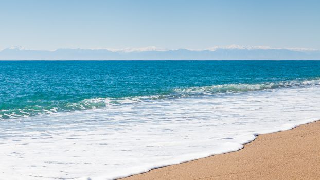 The view looking out to sea from Kleopatra Beach in southern Turkey.  The beach is close to the point where Manavgat River enters the Mediterranean Sea.