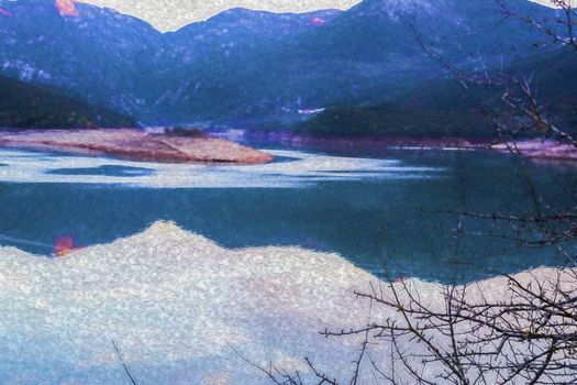 Ladonas artificial lake in Arcadia, Greece with mountains as background - Digital paint