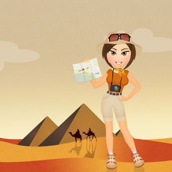 illustration of tourist girl visiting the Pyramids in Egypt