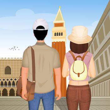 illustration of couple of tourists traveling to Venice